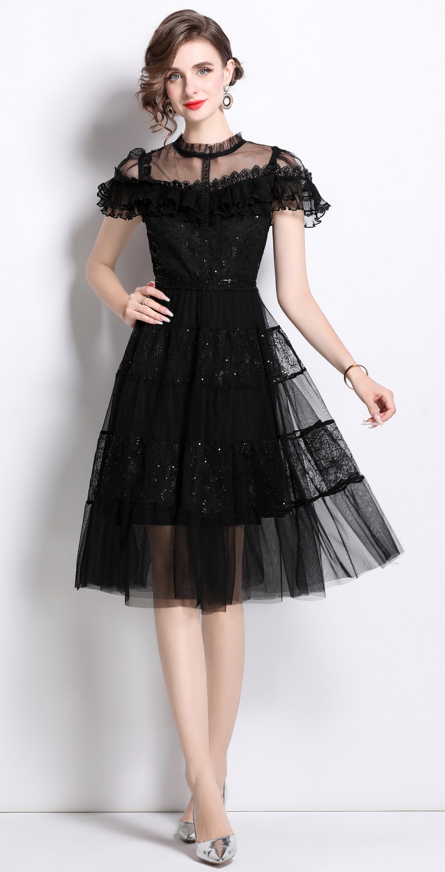 Sequin Lace Ruffle Midi Dress – Black