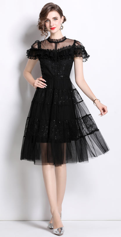 Sequin Lace Ruffle Midi Dress – Black