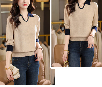 Chic Contrast Collar Ribbed Knit Top – Women's Polo V-Neck Sweater - LAI MENG FIVE CATS