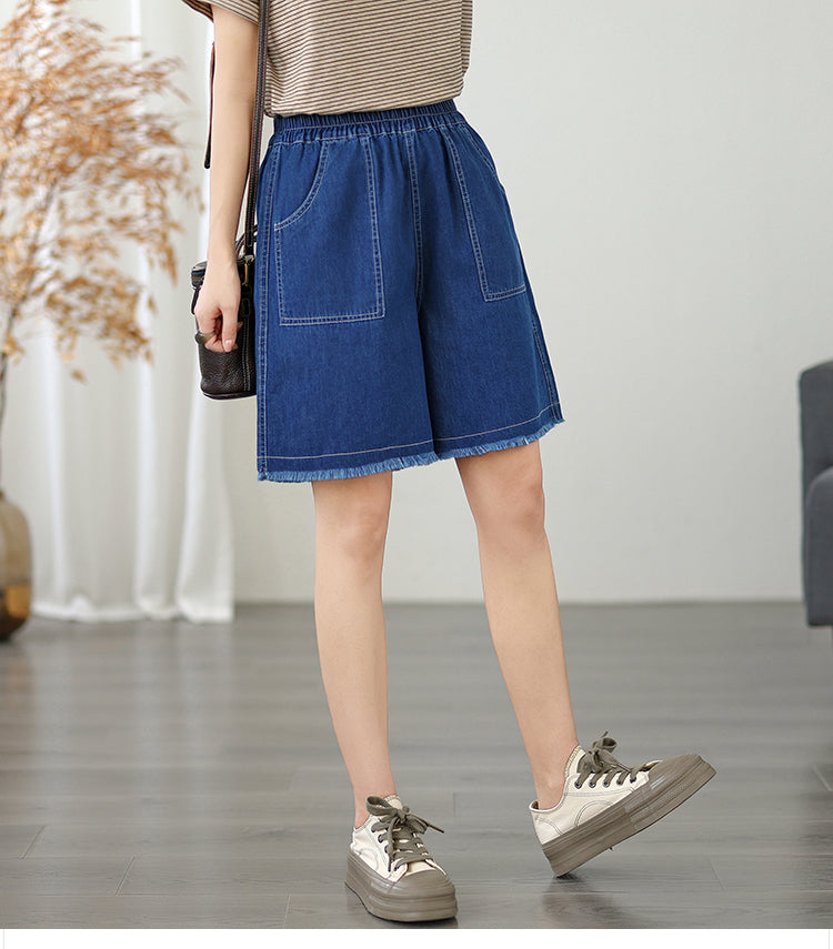 Women's High Waisted Baggy Jean Wide Leg Denim Shorts - LAI MENG FIVE CATS