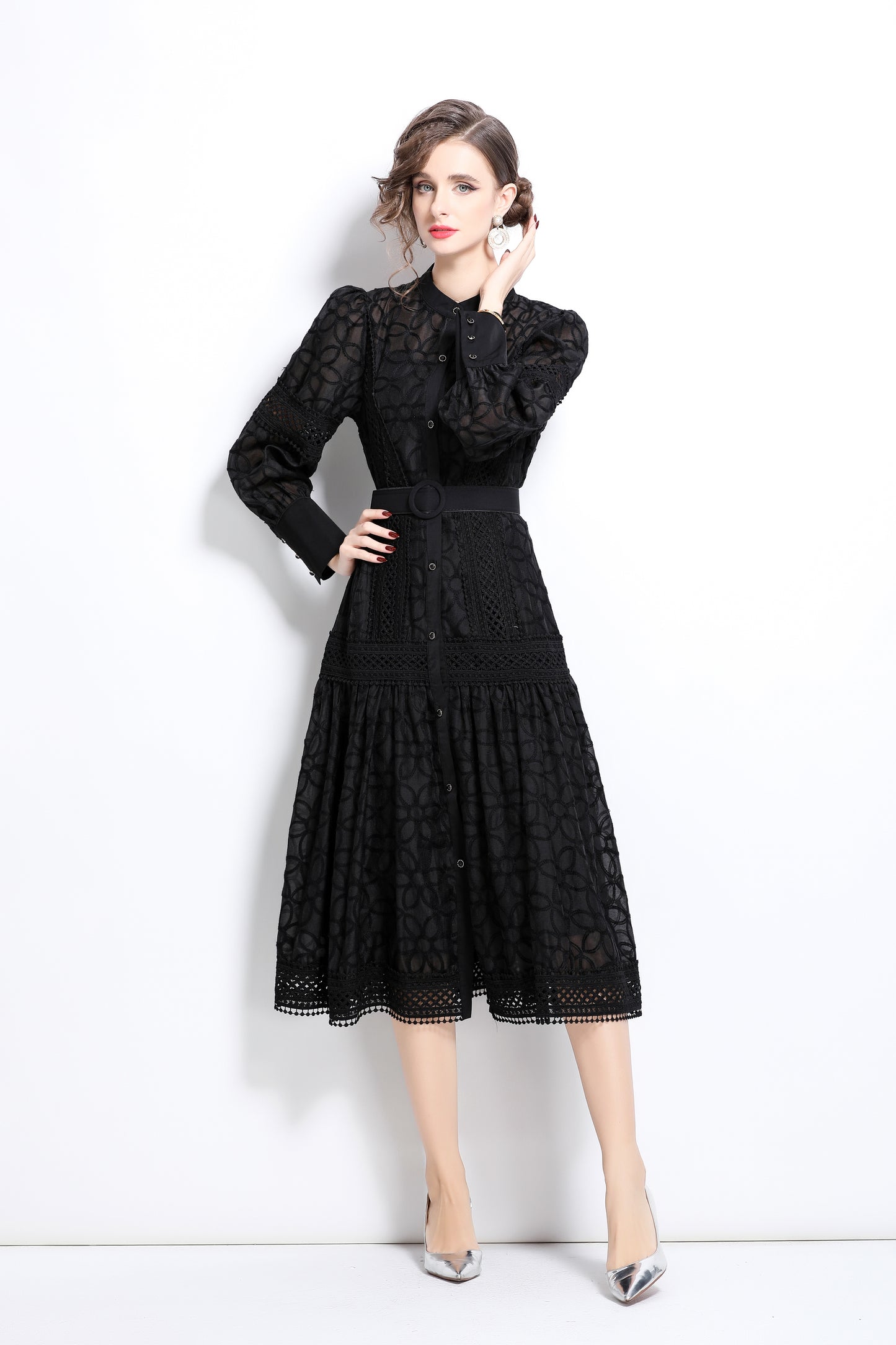 Lantern Sleeves Embroidery Button Midi Dress