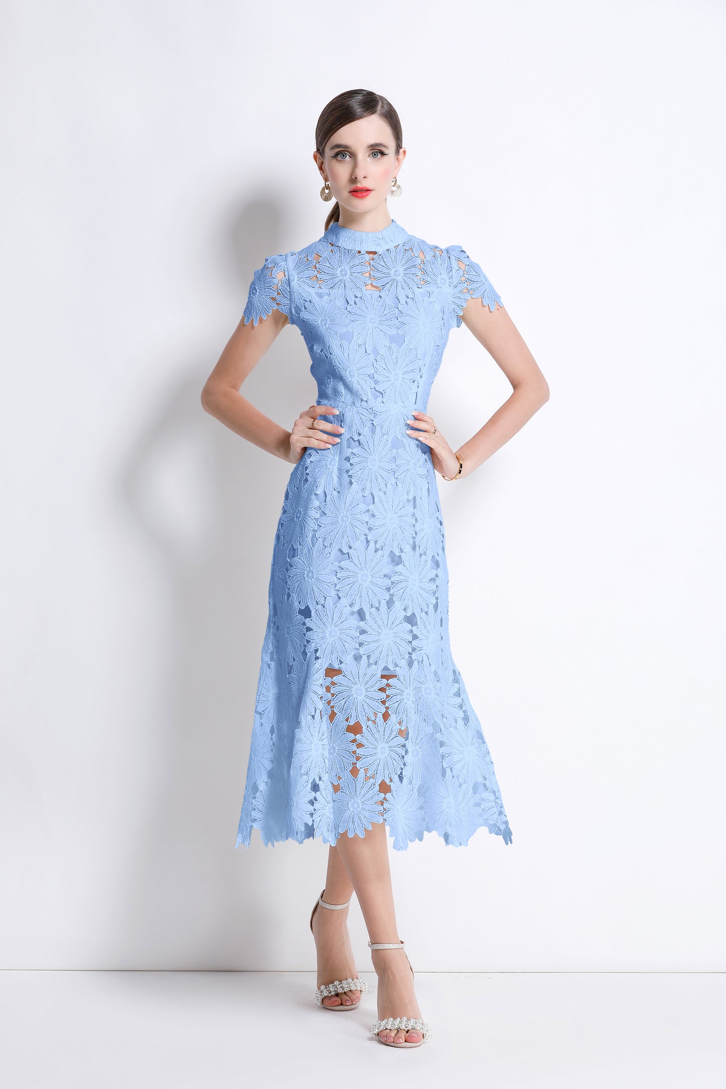 Women Hollow Out Lace Floral Fishtail Midi Dress