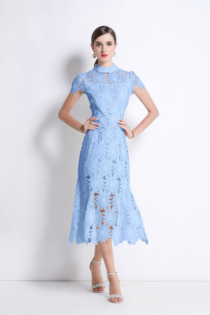 Women Hollow Out Lace Floral Fishtail Midi Dress