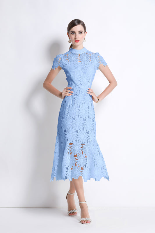 Women Hollow Out Lace Floral Fishtail Midi Dress - LAI MENG FIVE CATS