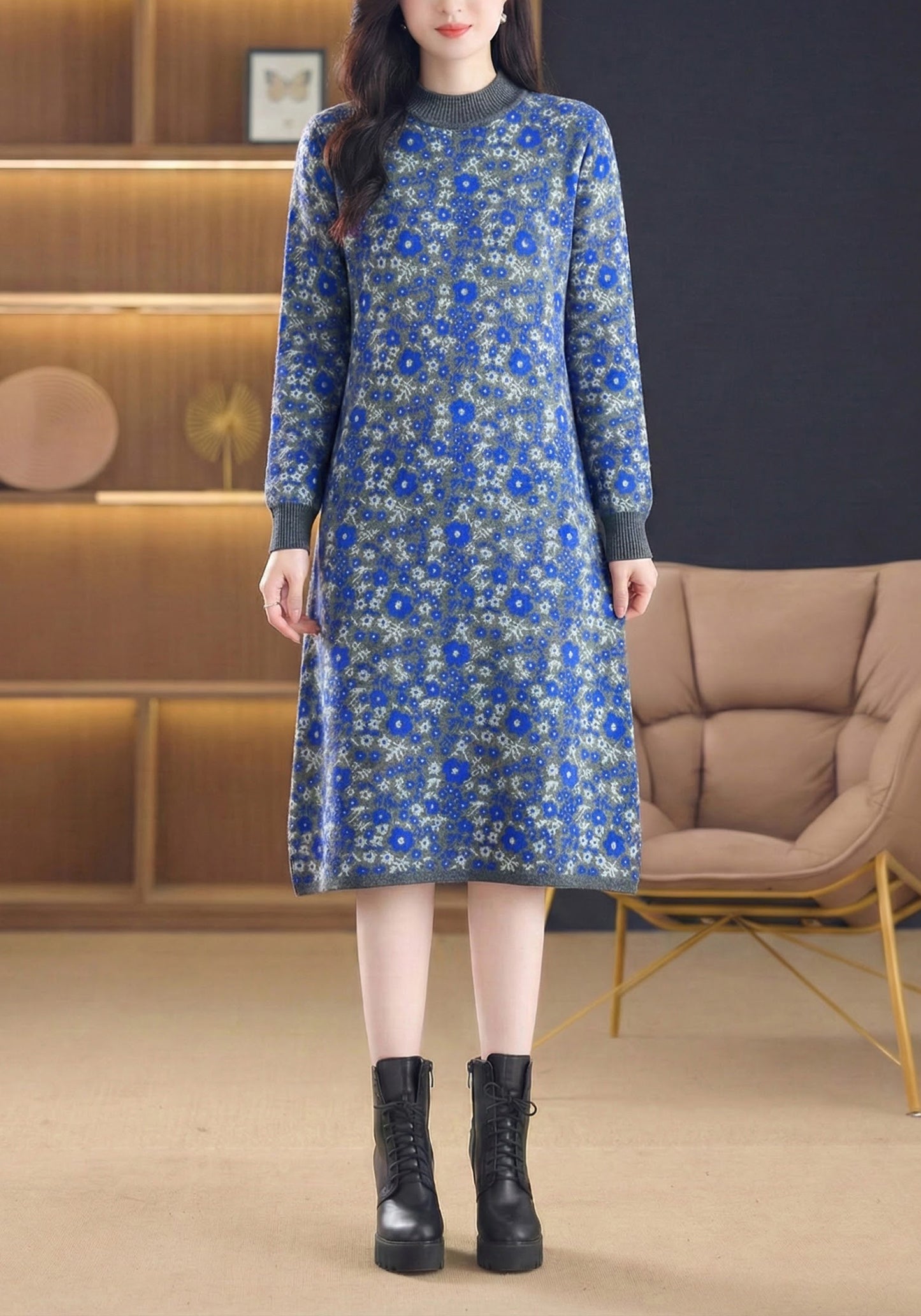 Women's Long Sleeve Knit Stretch Sweater Midi Dress