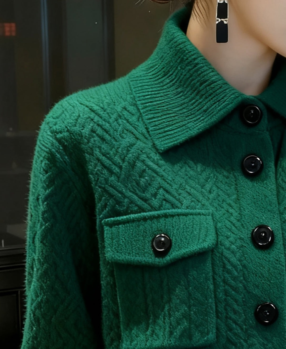 28694 Emerald Green Textured Knit Polo Sweater