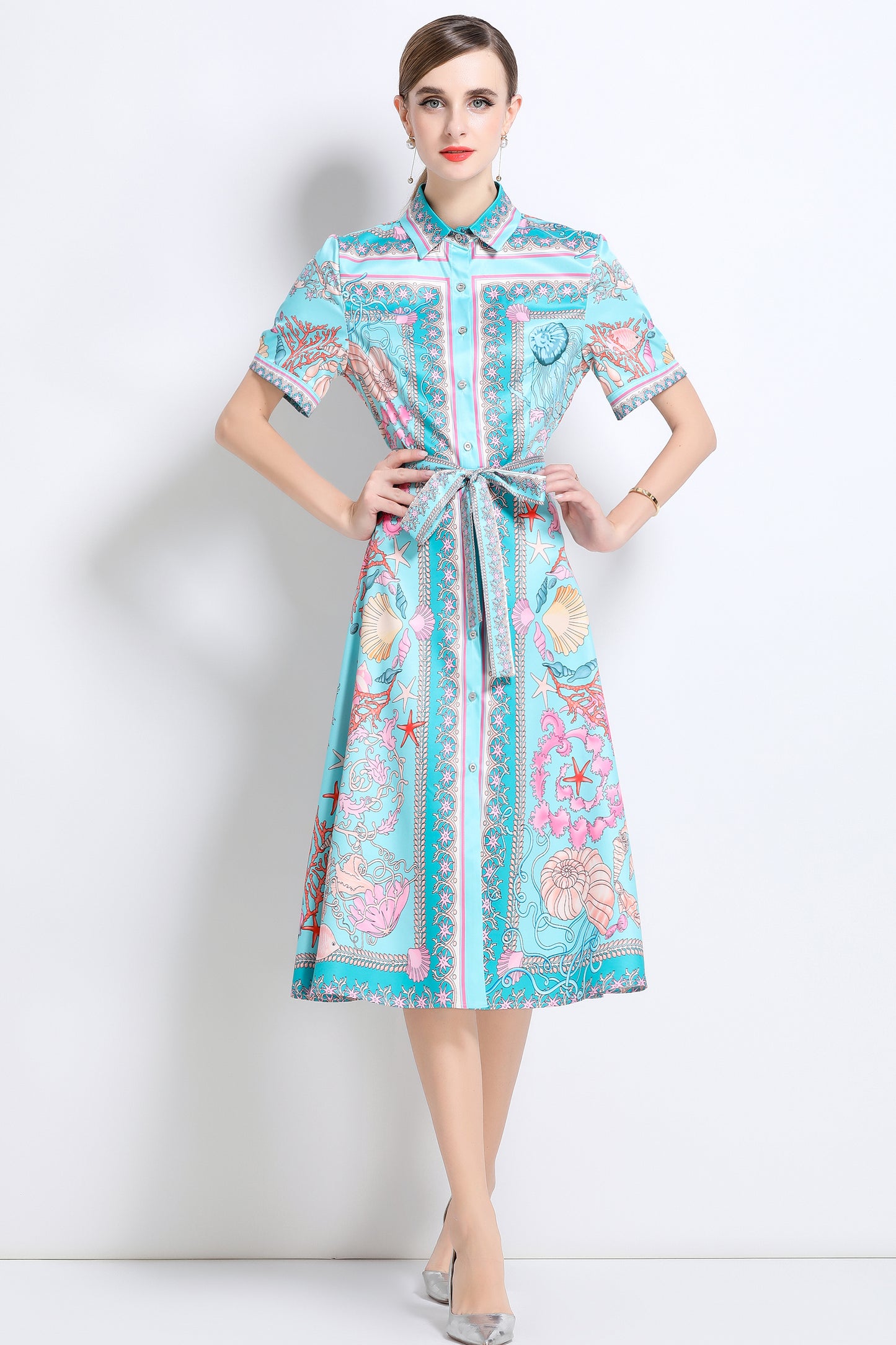 Women's Short Sleeve Button Floral Print  Midi Dress