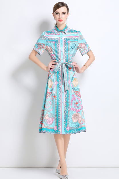 Women's Short Sleeve Button Floral Print  Midi Dress