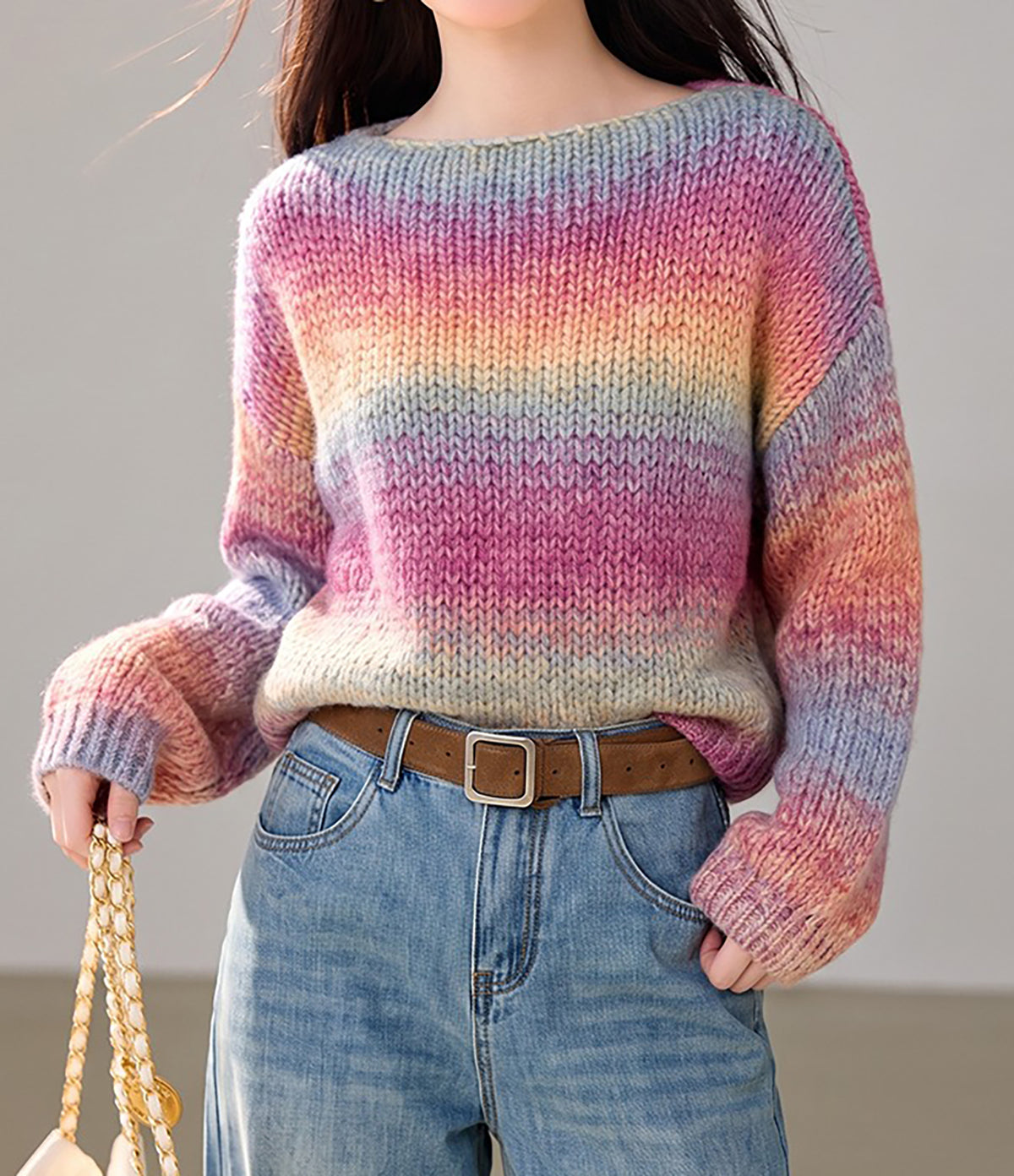 28727 Loose fit Pastel Gradient Chunky Knit Sweater for Women
