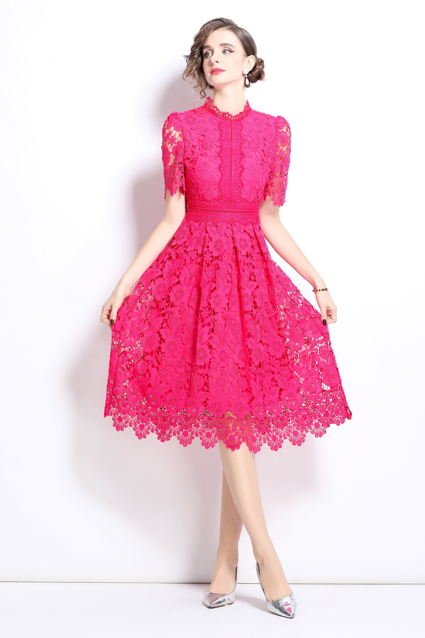 Women's Floral Lace Waist Crochet Midi Dress