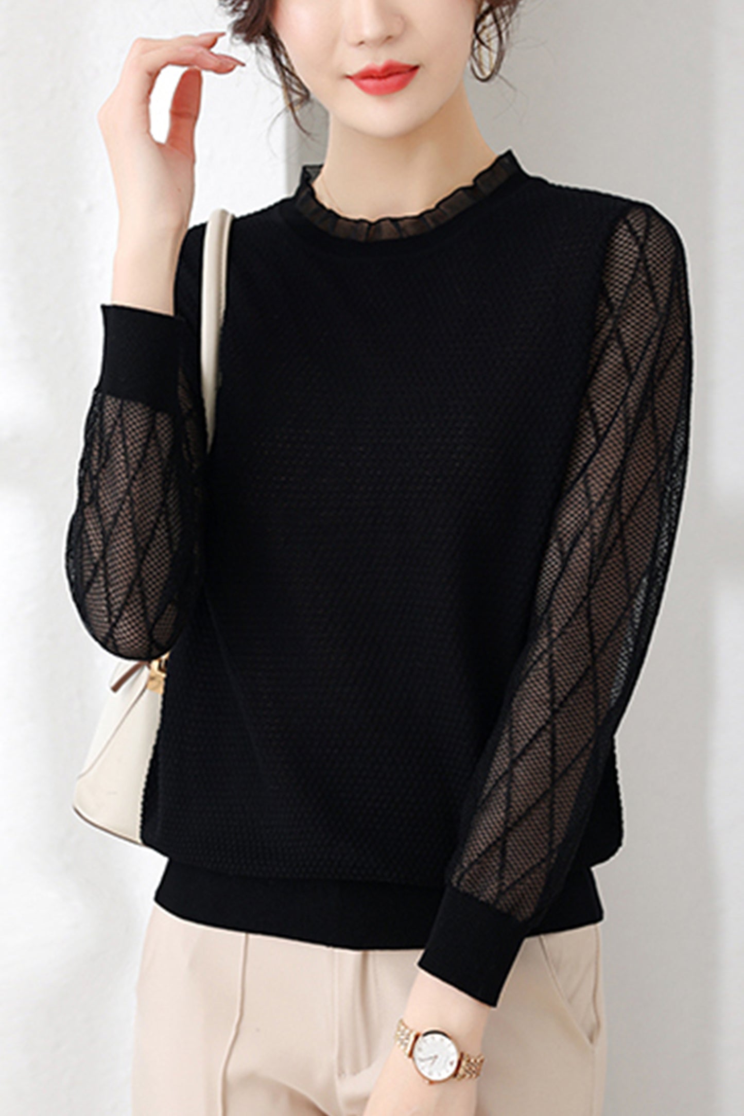 Women's Sweater Puff Sleeve Patchwork Lace Tops