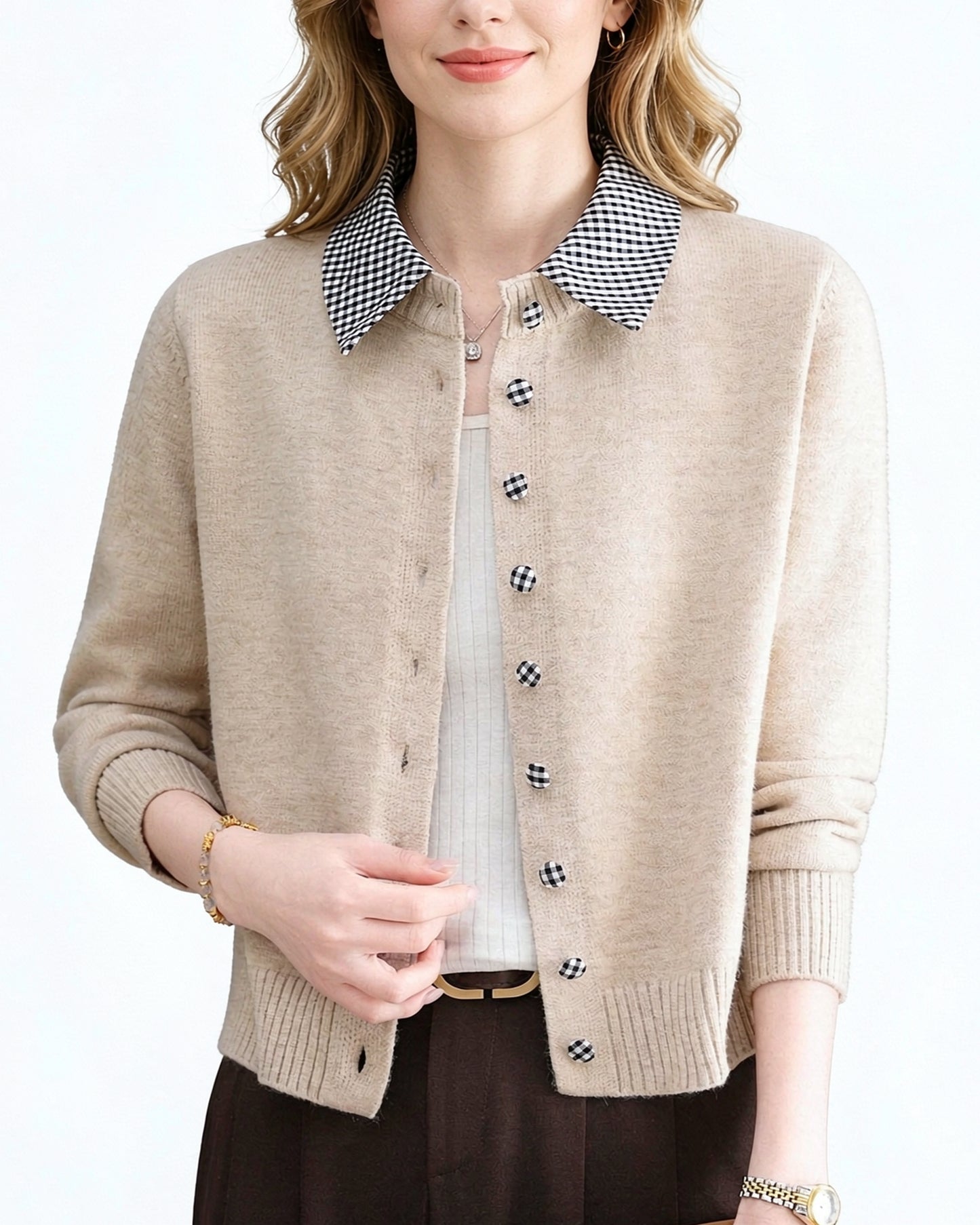 Contrast Gingham Collar Knit Cardigan – Vintage Button Sweater Top