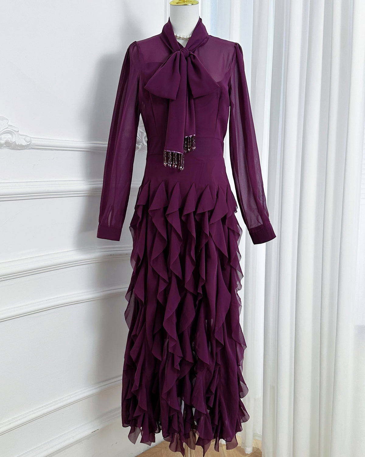 Elegant Chiffon Maxi Dress with Scarf Neck & Rhinestone Fringe