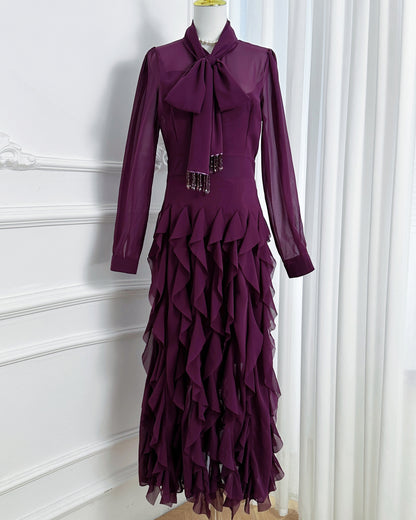 Elegant Chiffon Maxi Dress with Scarf Neck & Rhinestone Fringe