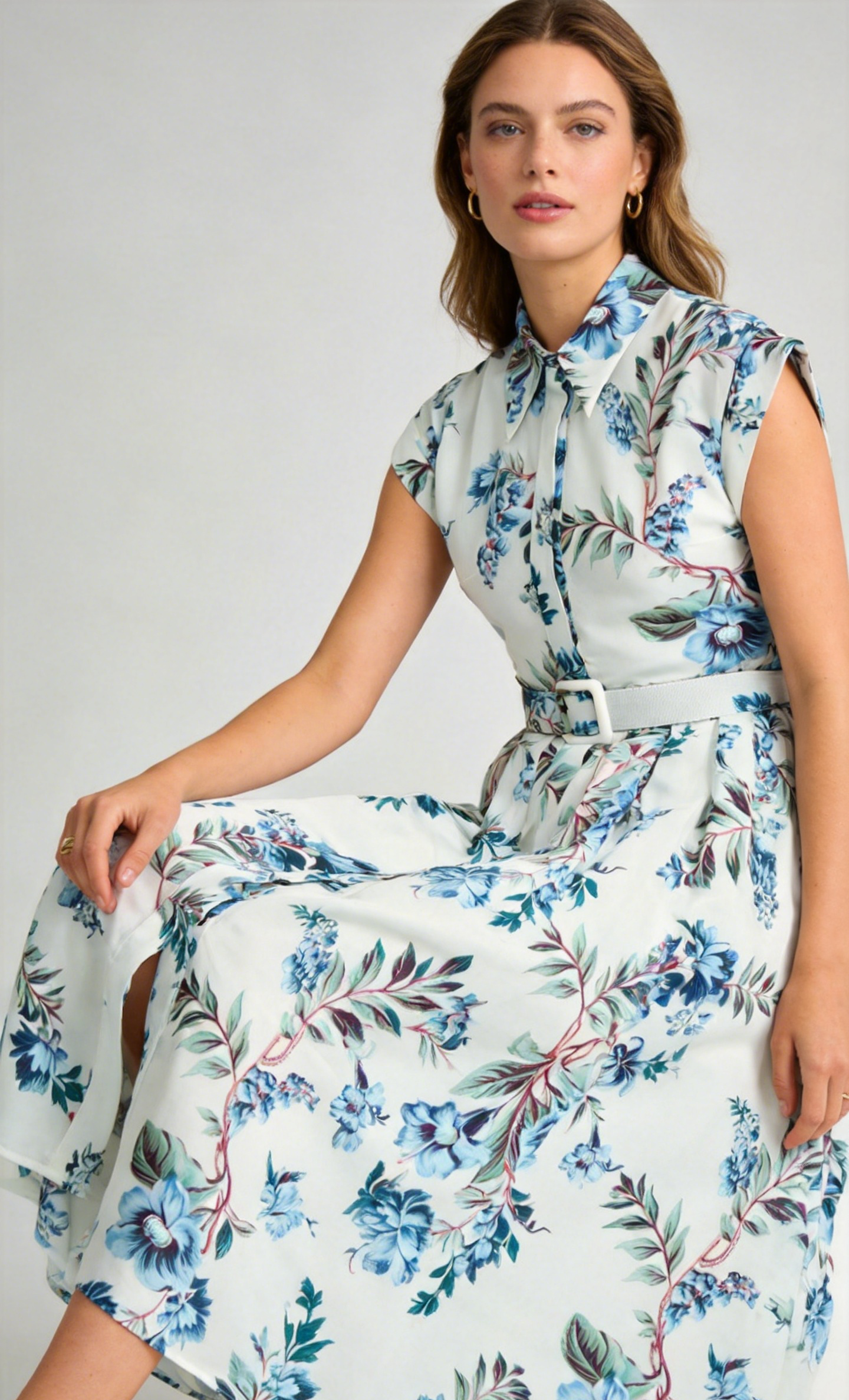 Blue Floral Belted Midi Dress – Coastal Heirloom Style
