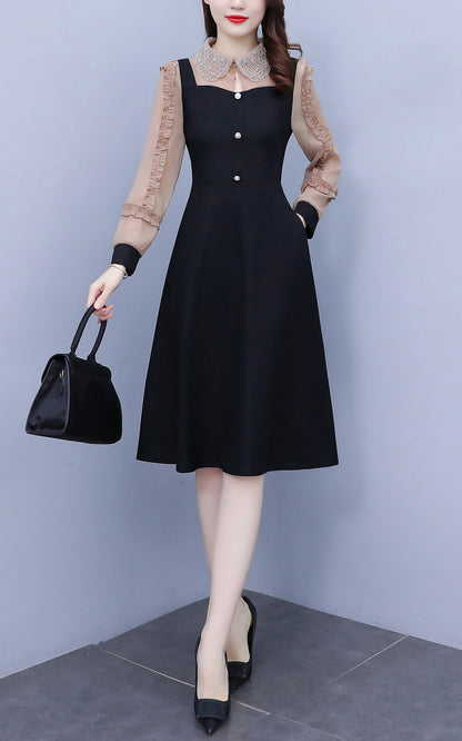 Women's Peter Pan Collar Long Sleeve Black Dress with Pocket