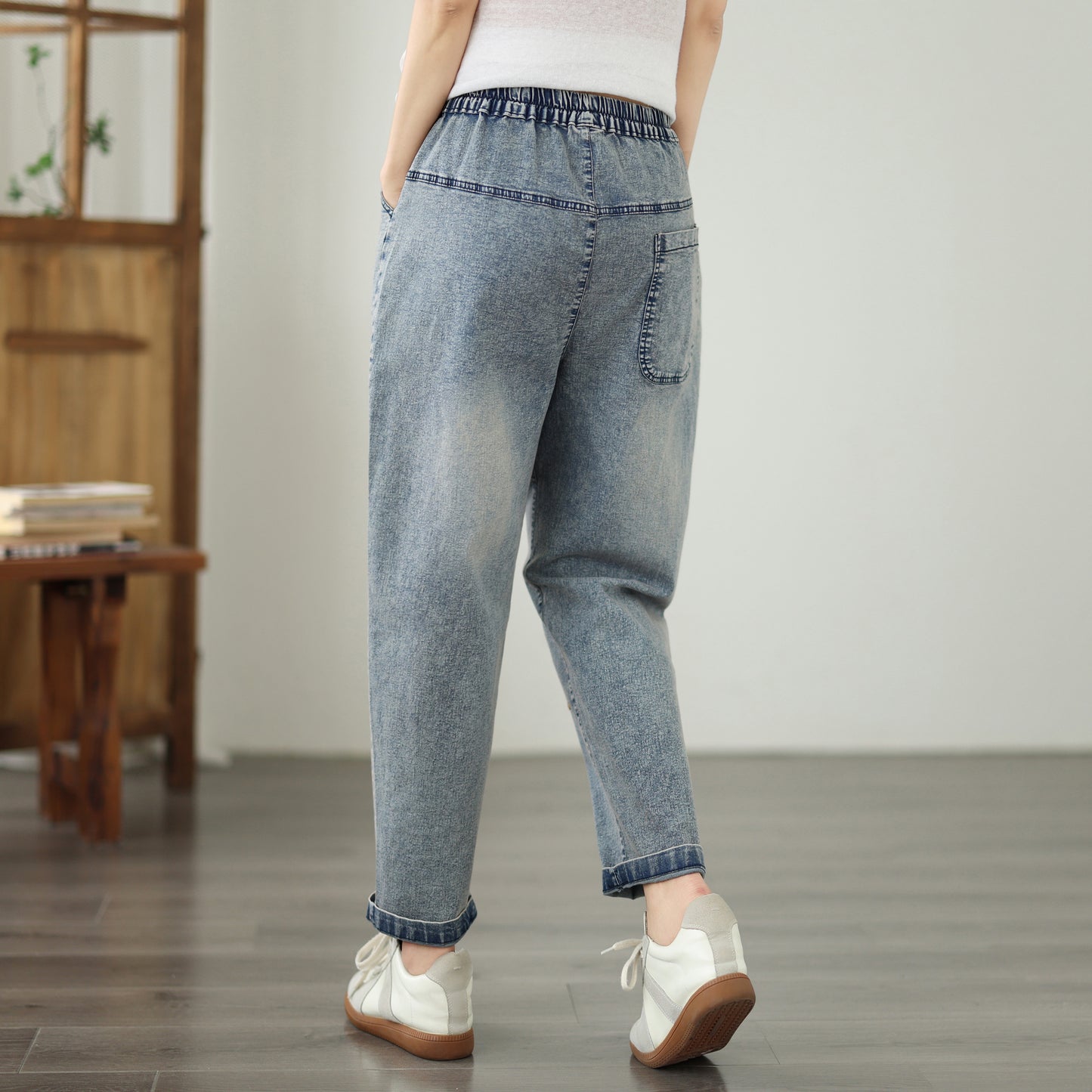 Women's Casual Denim Harem Jeans Elastic Waist Loose Pants - LAI MENG FIVE CATS