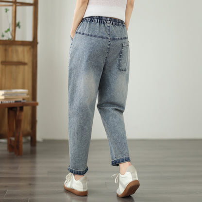 Women's Casual Denim Harem Jeans Elastic Waist Loose Pants - LAI MENG FIVE CATS