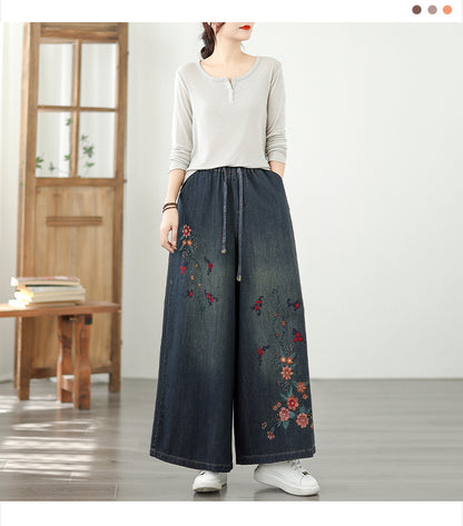 Women's Baggy Wide Leg Jeans Embroidery Pants