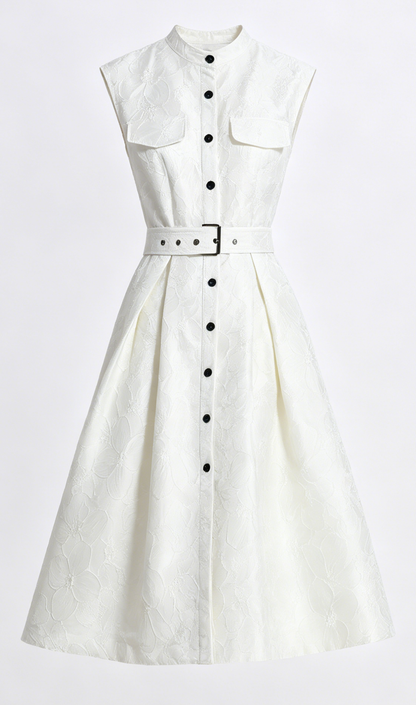 White Jacquard Midi Dress for Elegant Summer Evenings - LAI MENG FIVE CATS