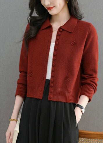 Textured Knit Zip-Up Cardigan Polo Collar Cropped Outerwear