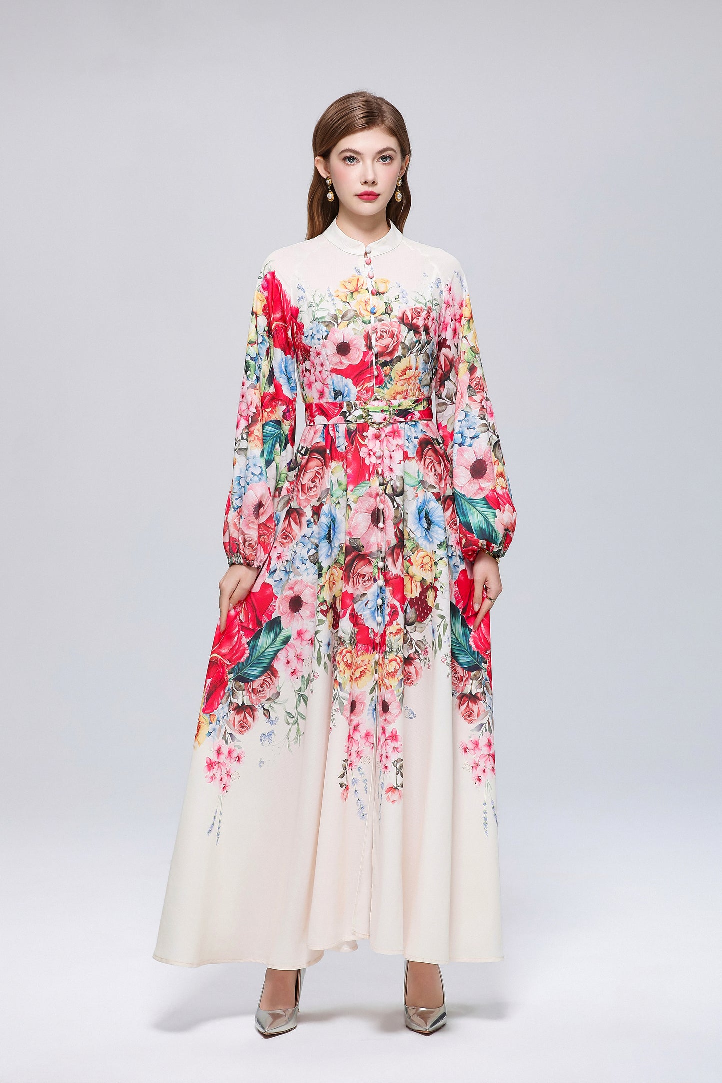 26-Women Floral Print Button Flowy Maxi Belt Dress