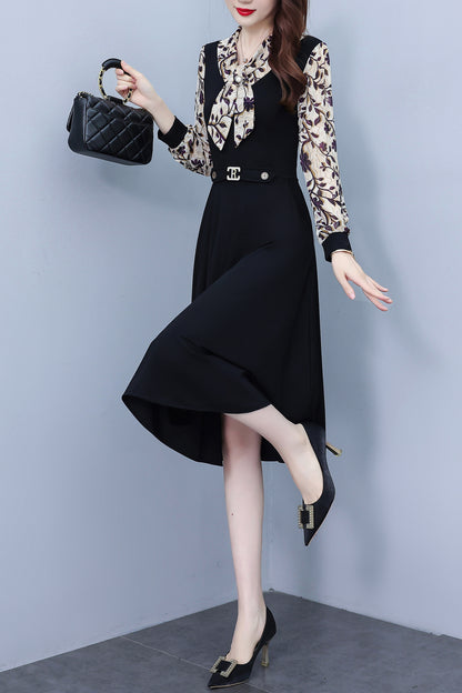 Women's V-Neck Long Sleeve Patchwork Black Dress
