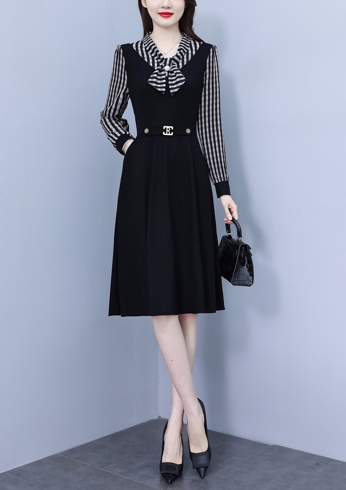 Women's Elegant Tie Neck Long Sleeve Black Dress