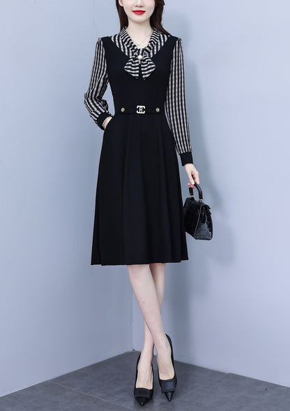 Women's Elegant Tie Neck Long Sleeve Black Dress
