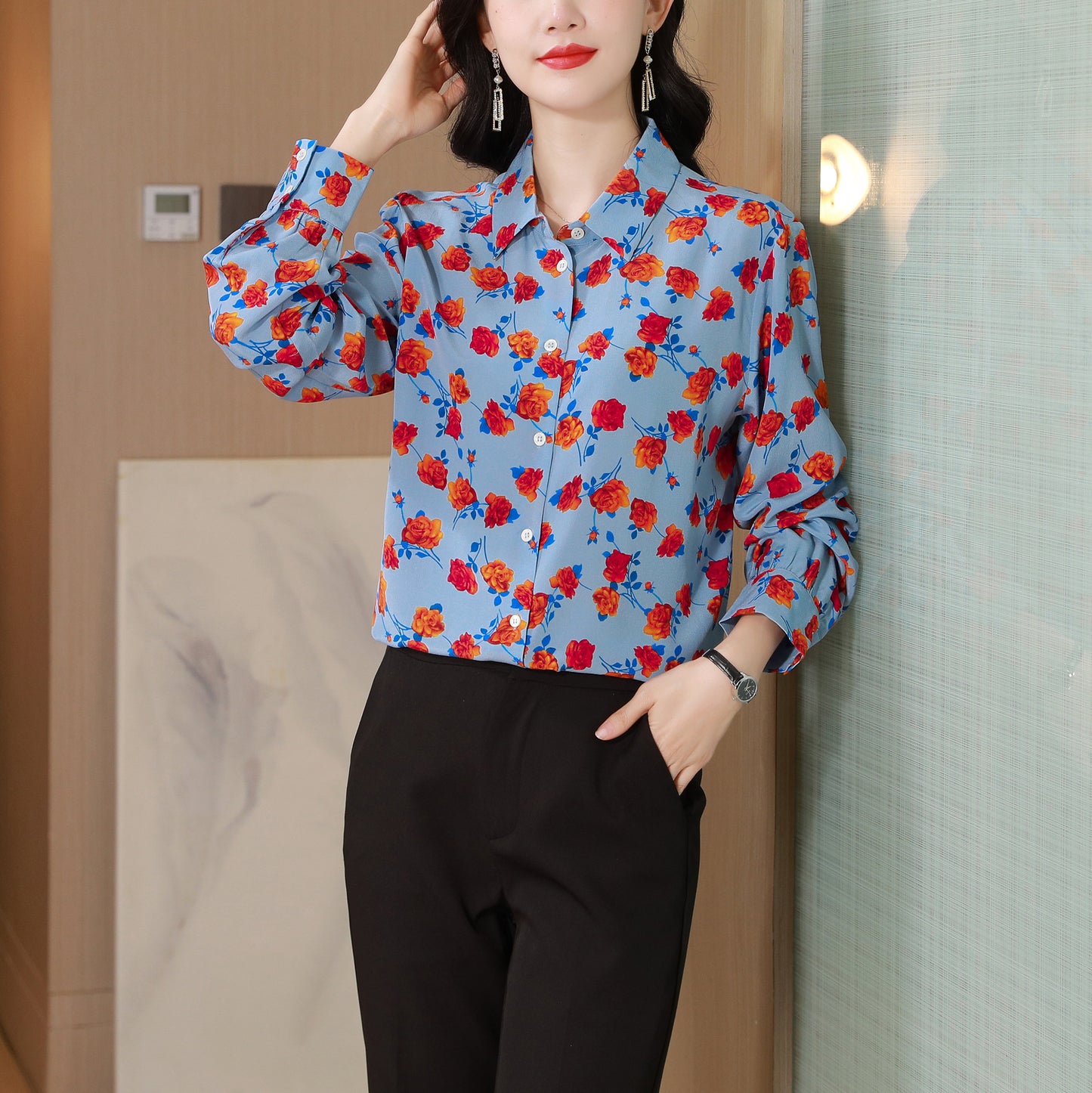 Women's Collared Floral Print Shirt Blouse Tops