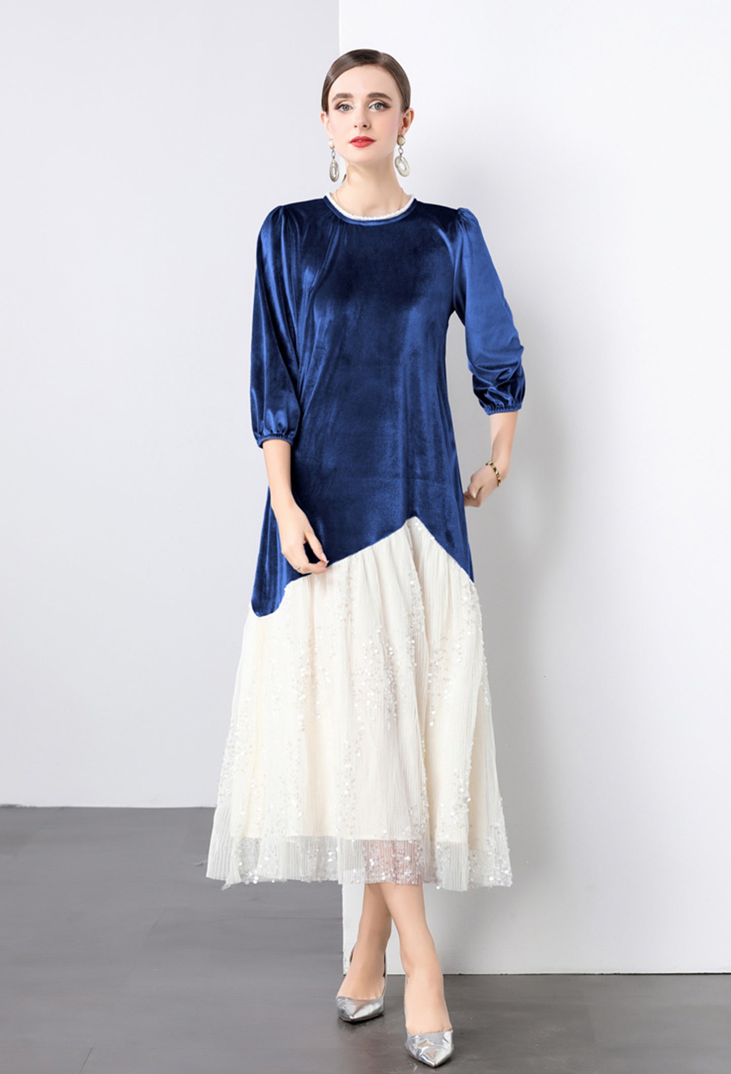 Velvet Lace Patchwork Sequins Midi Dress