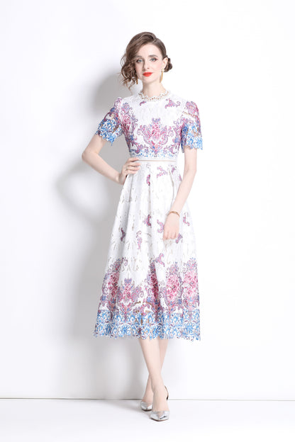 Women's Lace Floral Short Sleeve Crochet Waist Cocktail Midi Dress