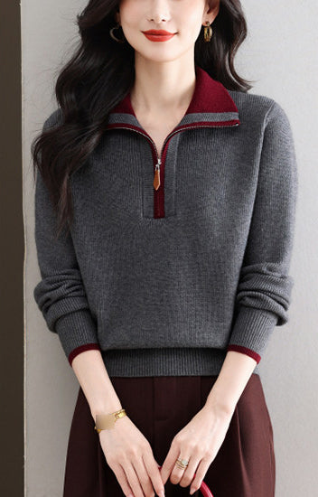 Contrast Collar Half-Zip Knit Sweater – Chic Colorblock Ribbed Pullover