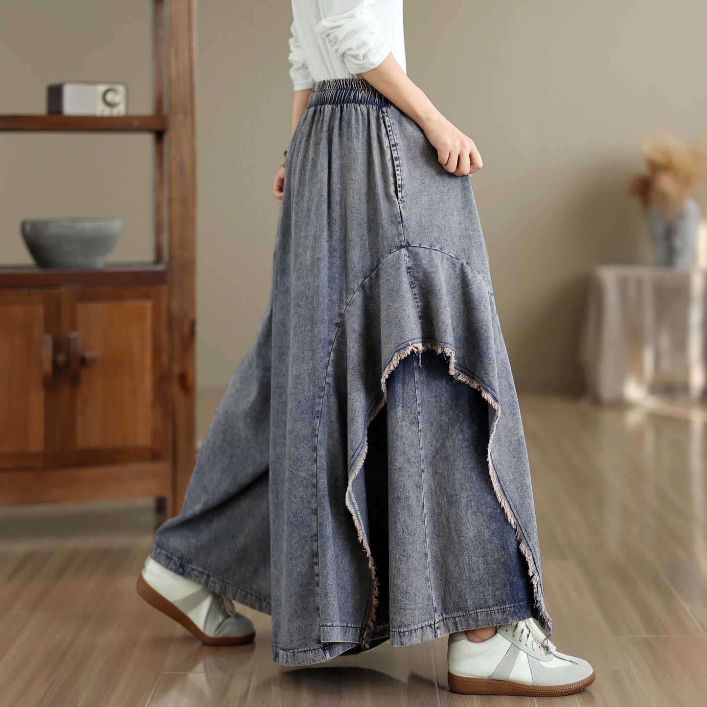 Women Loose Denim Skirt Pants Baggy Elastic Waist Casual Wide Leg Jeans