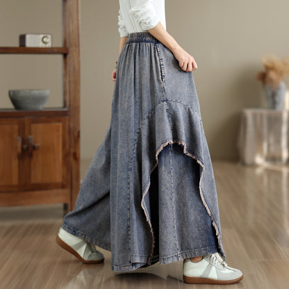 Women Loose Denim Skirt Pants Baggy Elastic Waist Casual Wide Leg Jeans