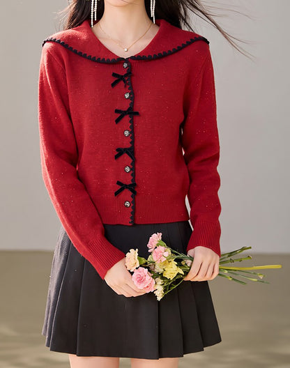 28700 Green Sailor Collar Button-Front Knit Cardigan