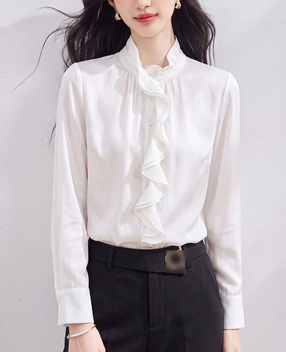 Classic Ruffle Front Stand Collar Blouse