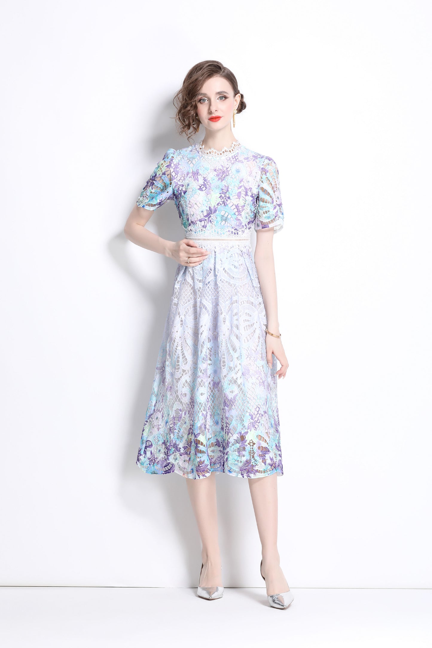 Women's Lace Floral Short Sleeve Crochet Waist Cocktail Midi Dress