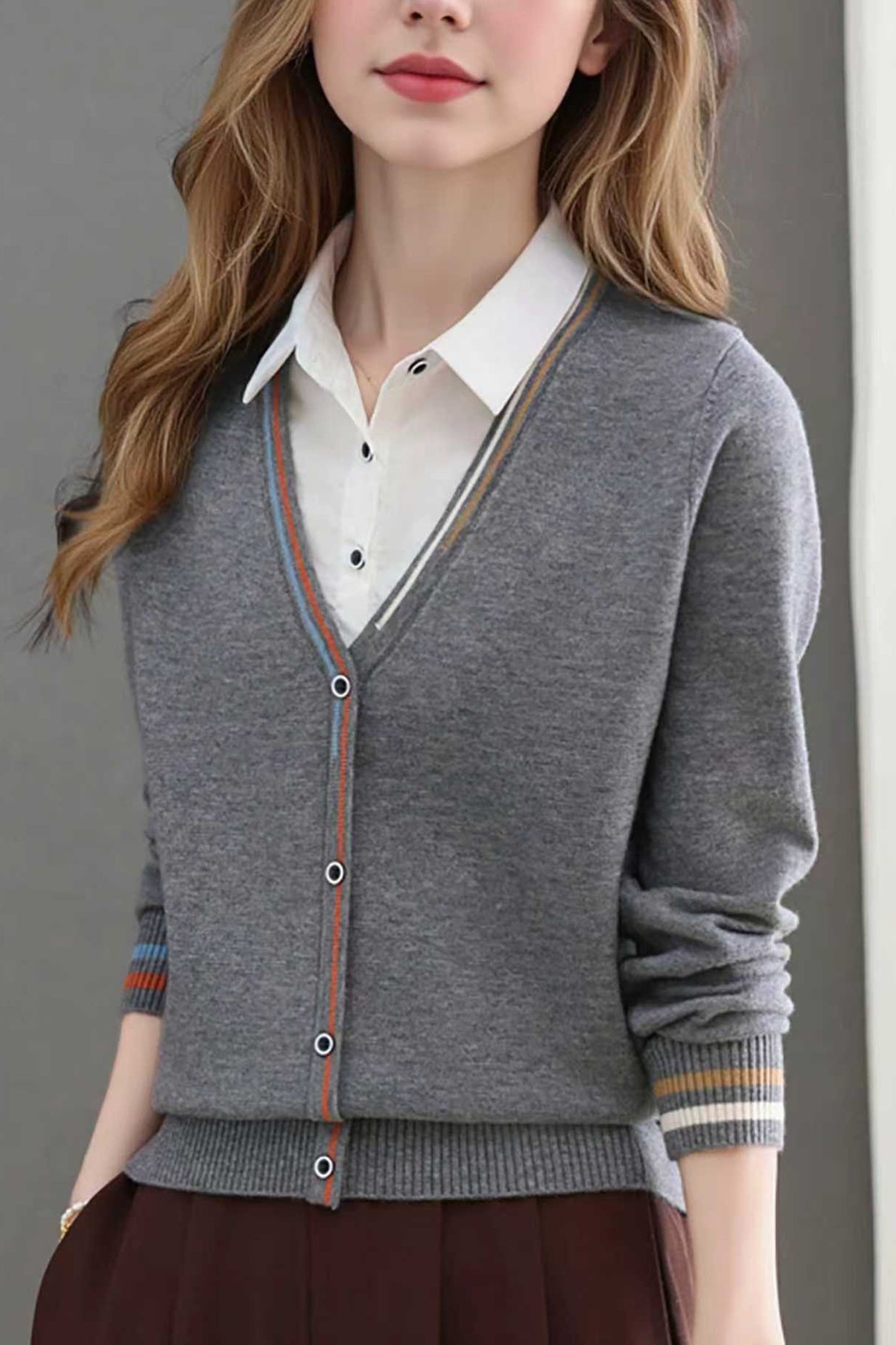 Women's V-Neck Collared Long Sleeve Shirt Striped  Blouse