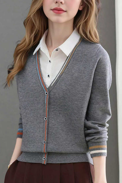 Women's V-Neck Collared Long Sleeve Shirt Striped  Blouse