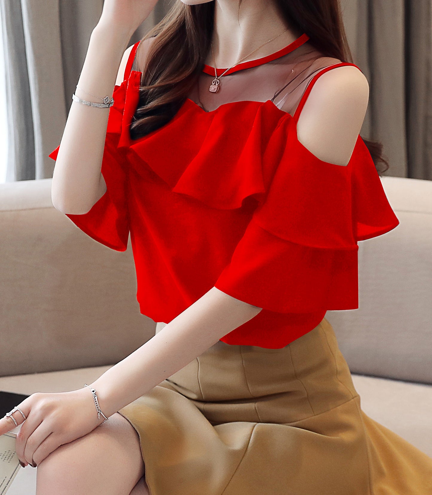 Cold Shoulder Chiffon Ruffle Top | Elegant Summer Statement Blouse