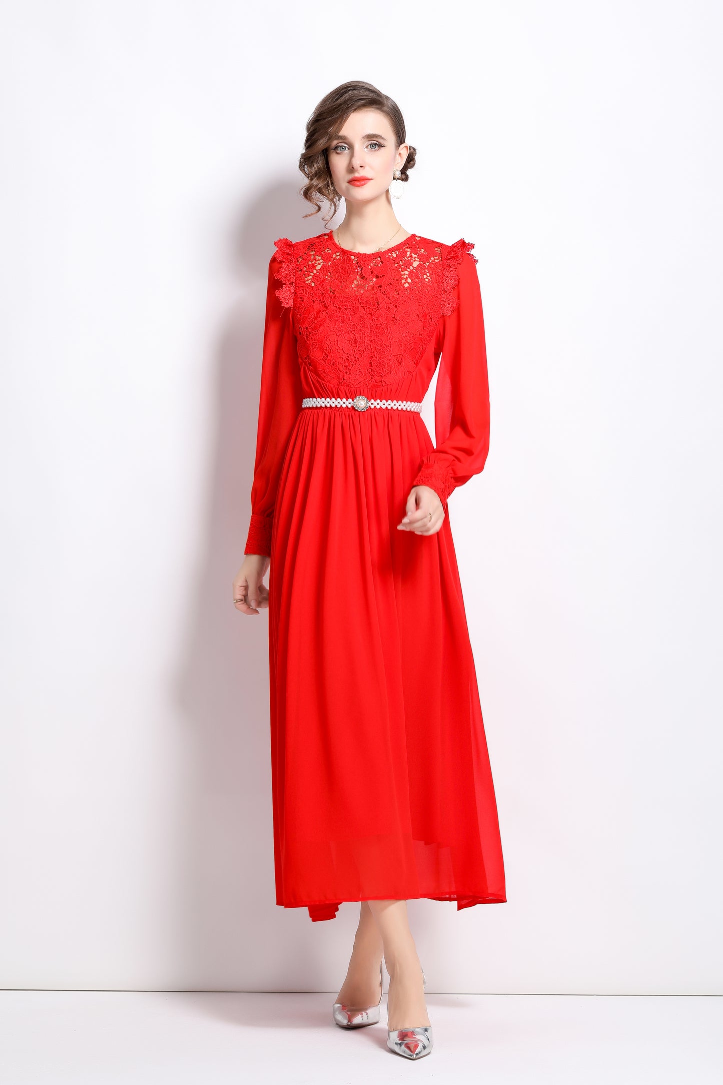 Lace Chiffon Puff Sleeves Maxi Dress with Belt