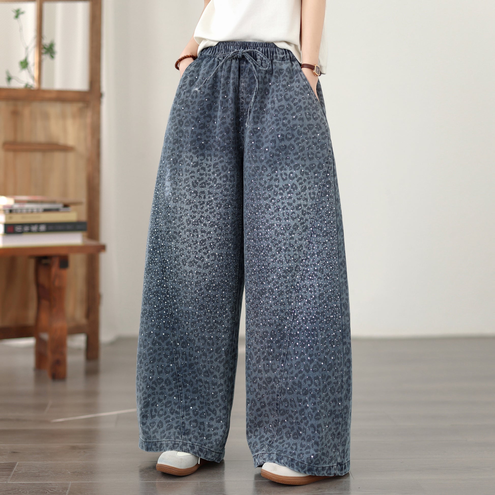 26-Women's Baggy Jeans Elastic Waist Loose Denim Pants - LAI MENG FIVE CATS