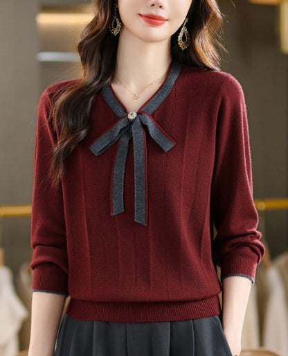 Vintage Bow Collar Knit Sweater Long Sleeve Pullover Top