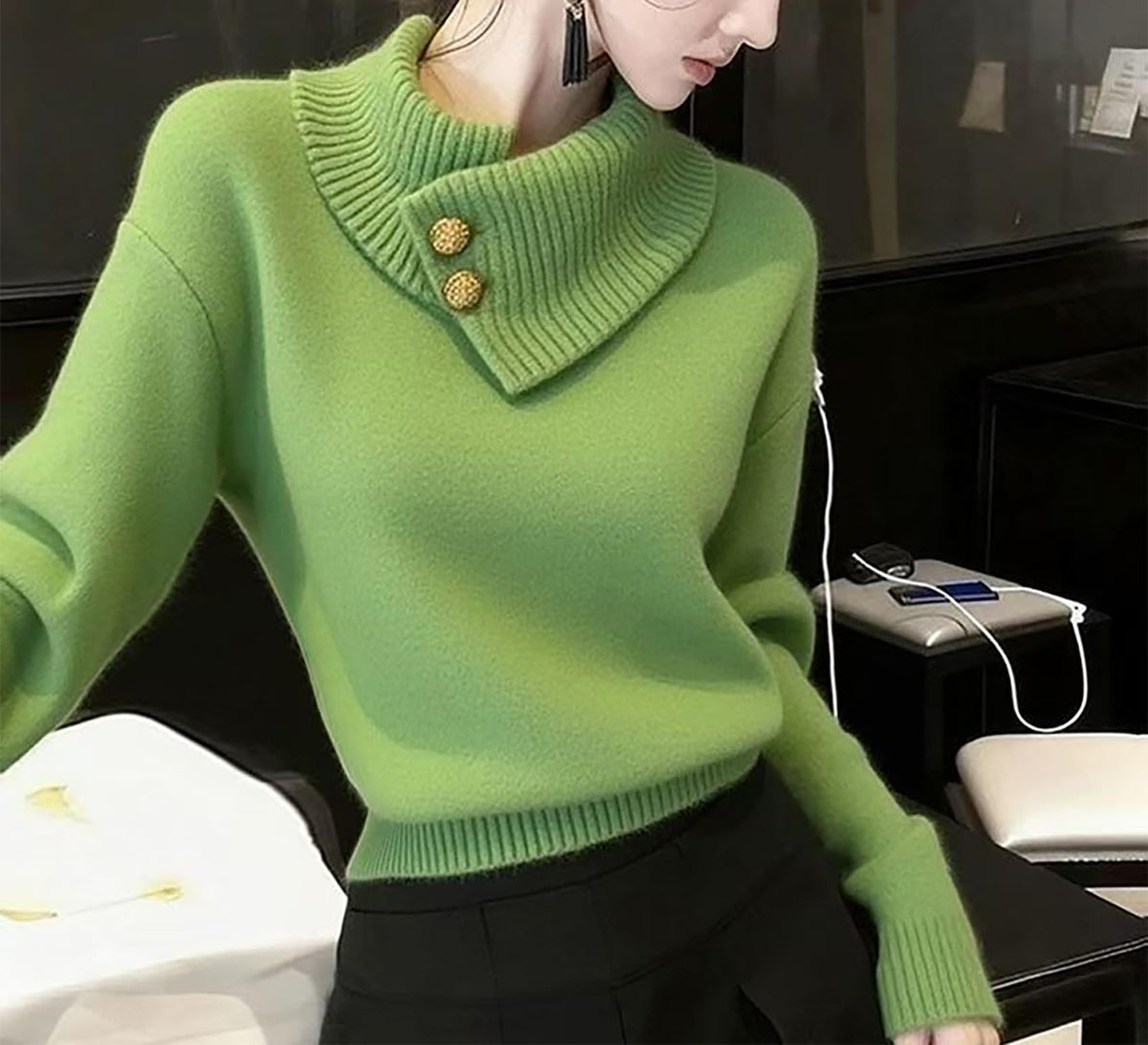Women's Fine-Knit Funnel Neck Top — Asymmetric Fold Collar with Button Detail