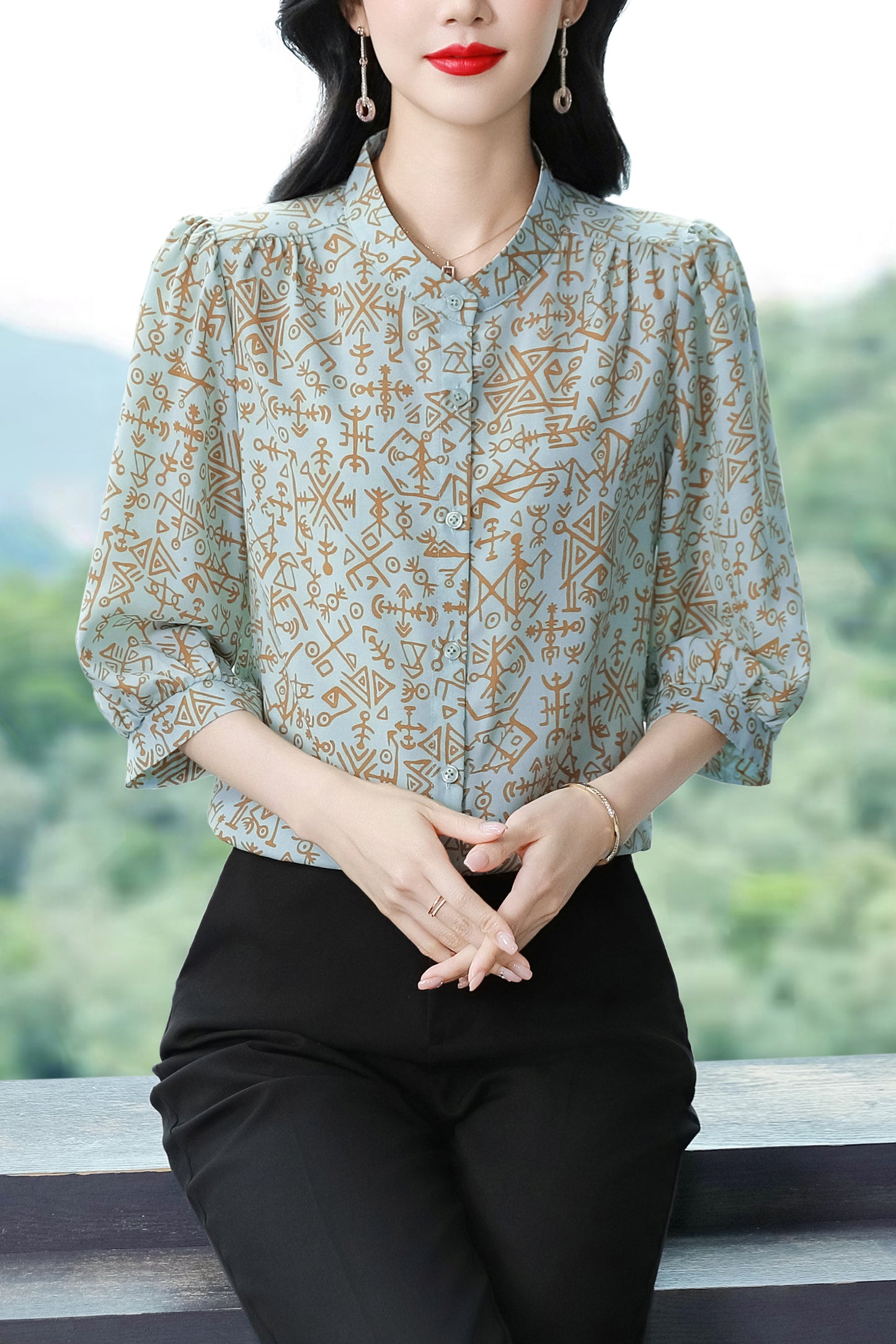 Women's Floral Print Puff Sleeve Loose Blouses Top