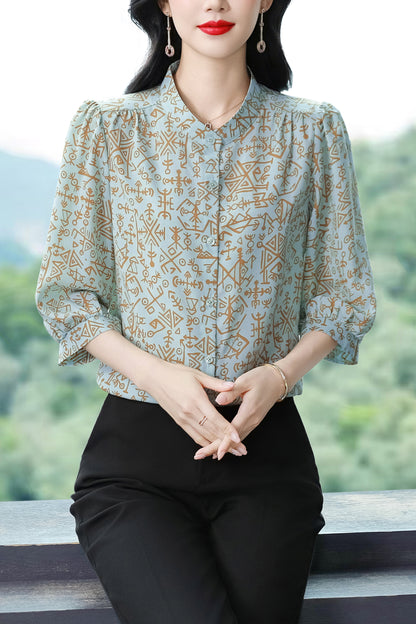 Women's Floral Print Puff Sleeve Loose Blouses Top