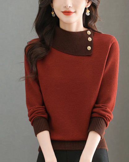 Chic Color-Block Knit Sweater – Asymmetric Neck Pullover Tops