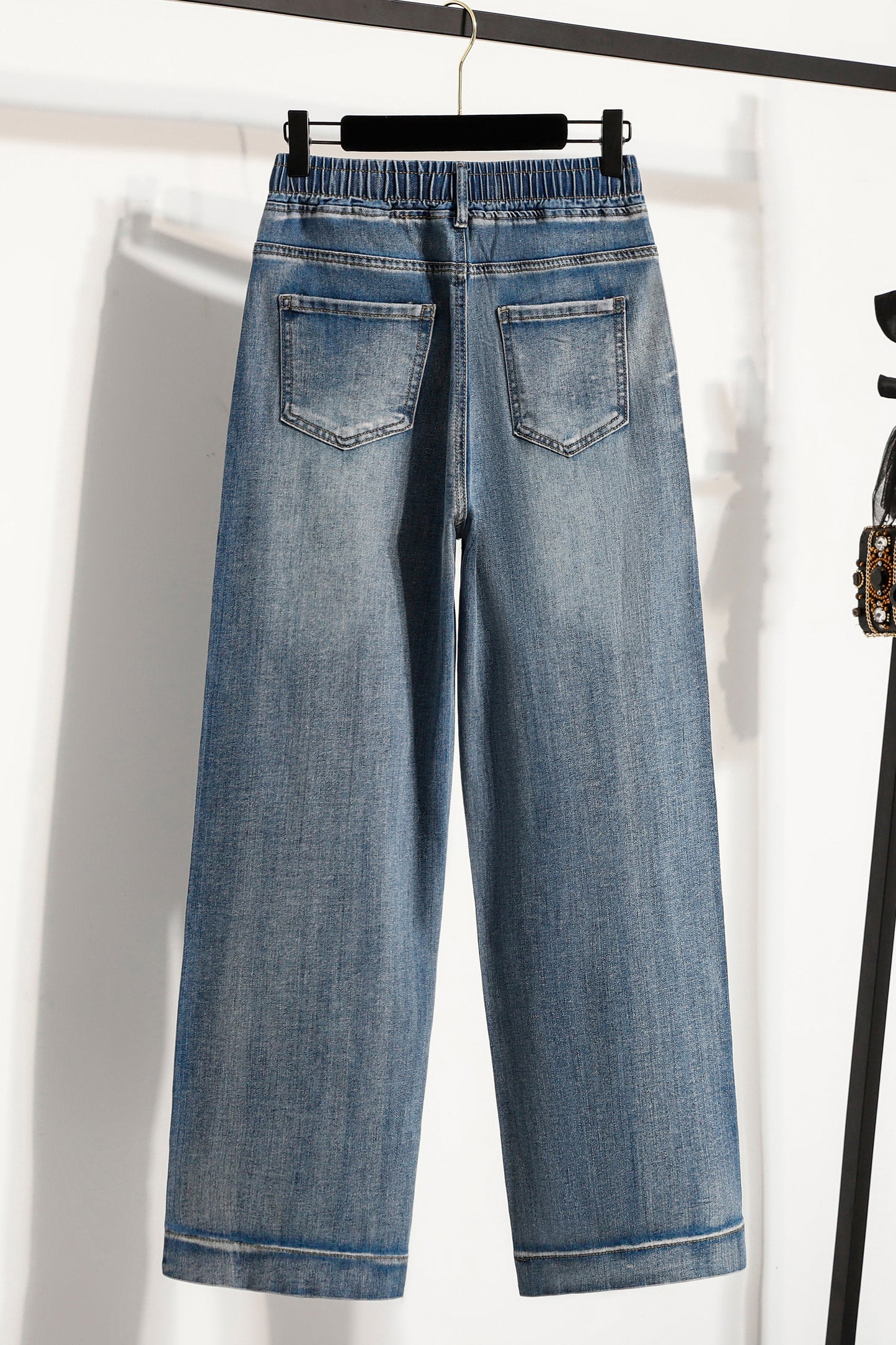 26-Women's Jeans Elastic Waist Baggy Wide Leg Denim