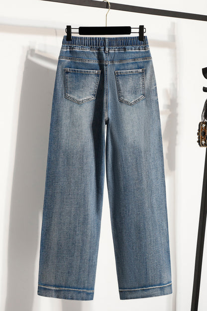 26-Women's Jeans Elastic Waist Baggy Wide Leg Denim